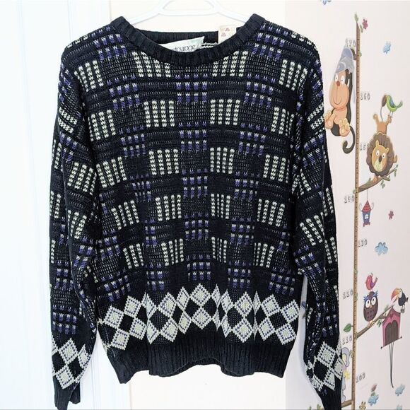 VINTAGE Textured geometric crew neck sweater Medium @Z - Picture 3 of 10